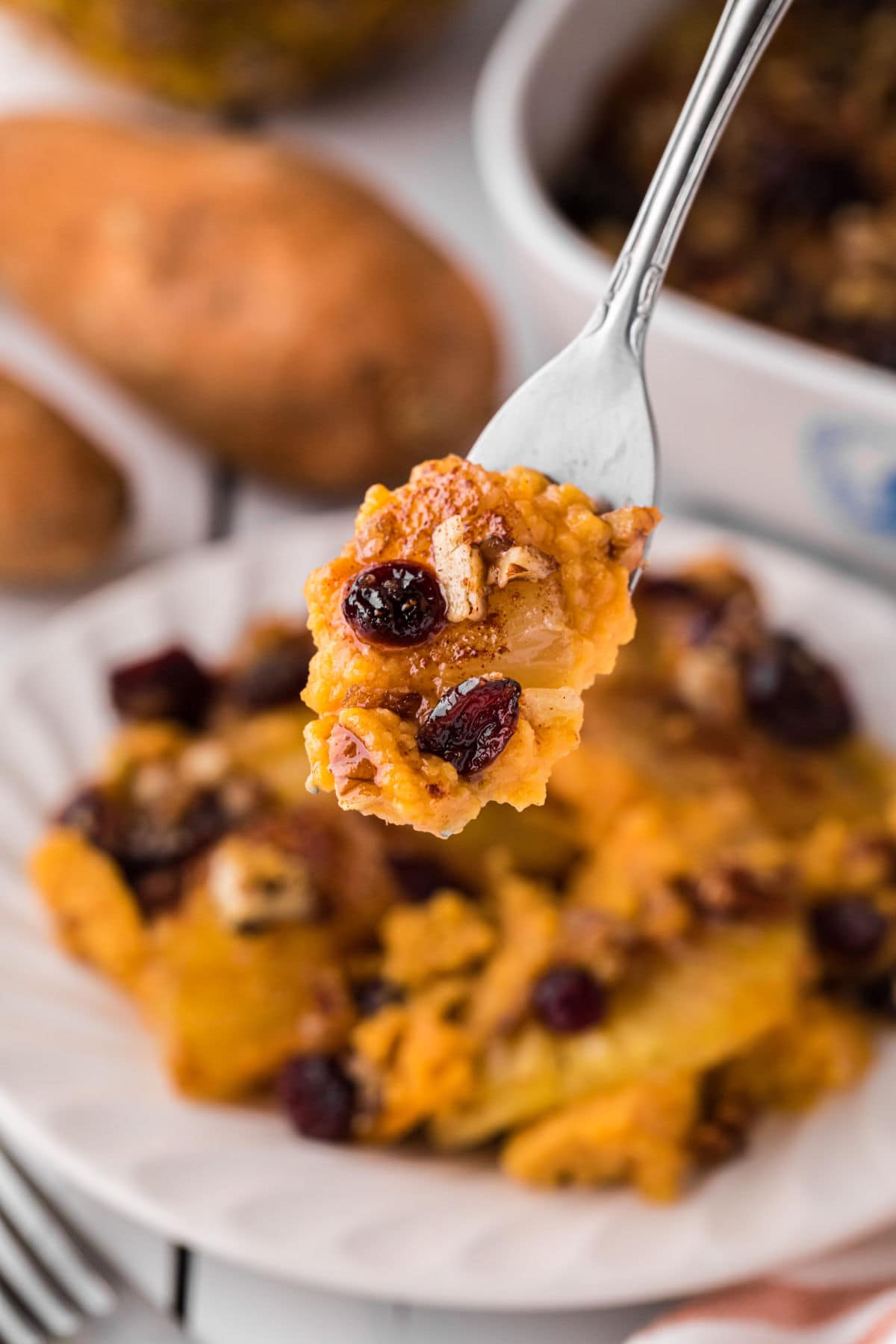 A plate of Thanskgiving sweet potato casserole.