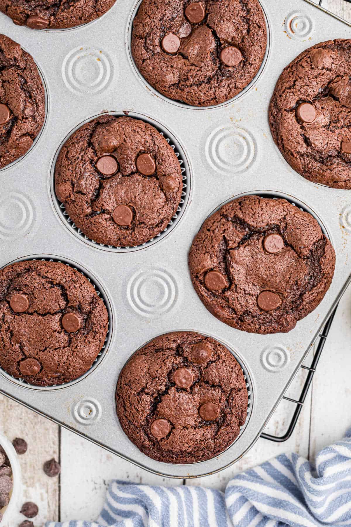 Finished muffins in a muffin tin.