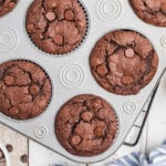 Closeup of the chocolate muffins in a muffin tin.