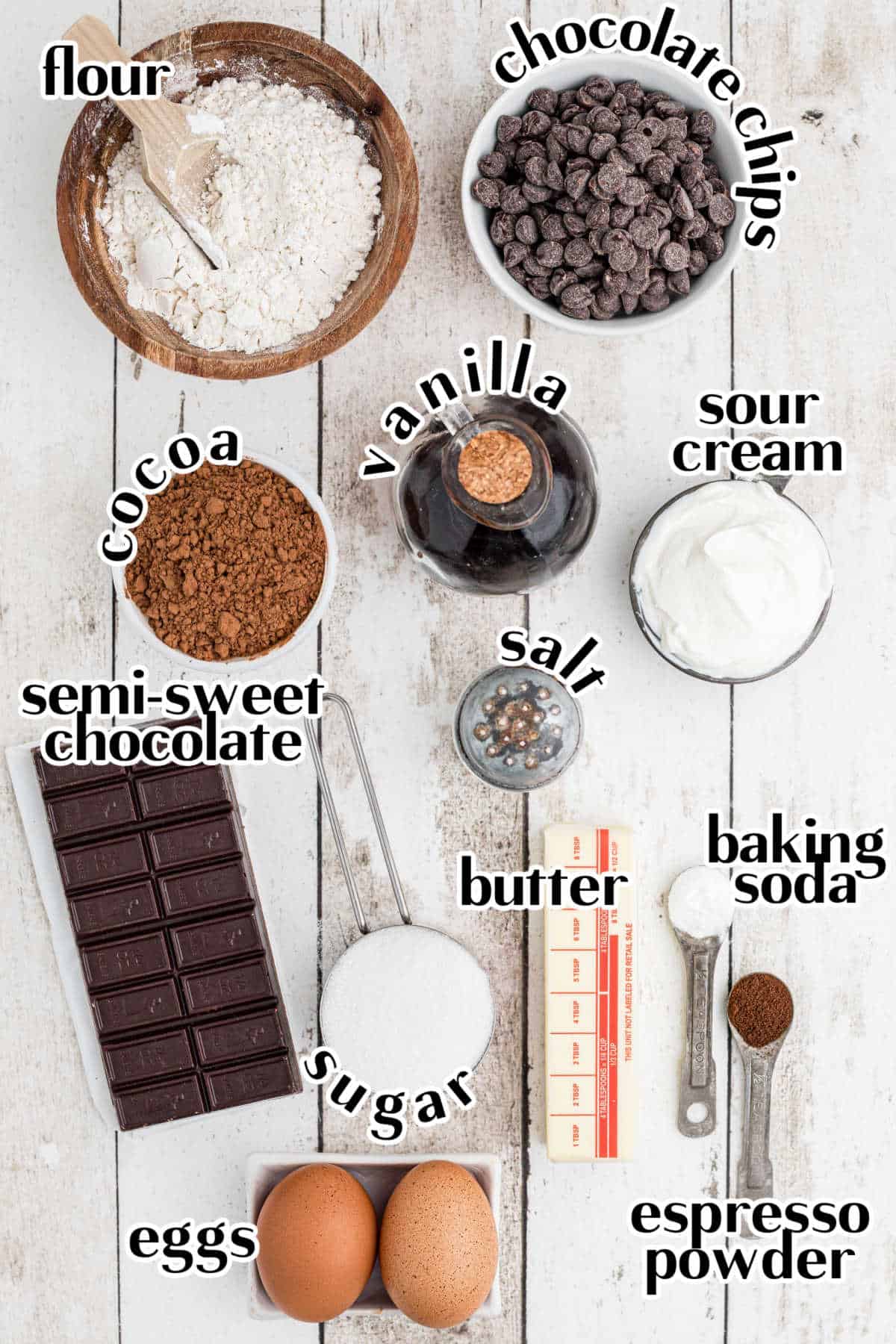 Labeled ingredients for chocolate muffins on a table.