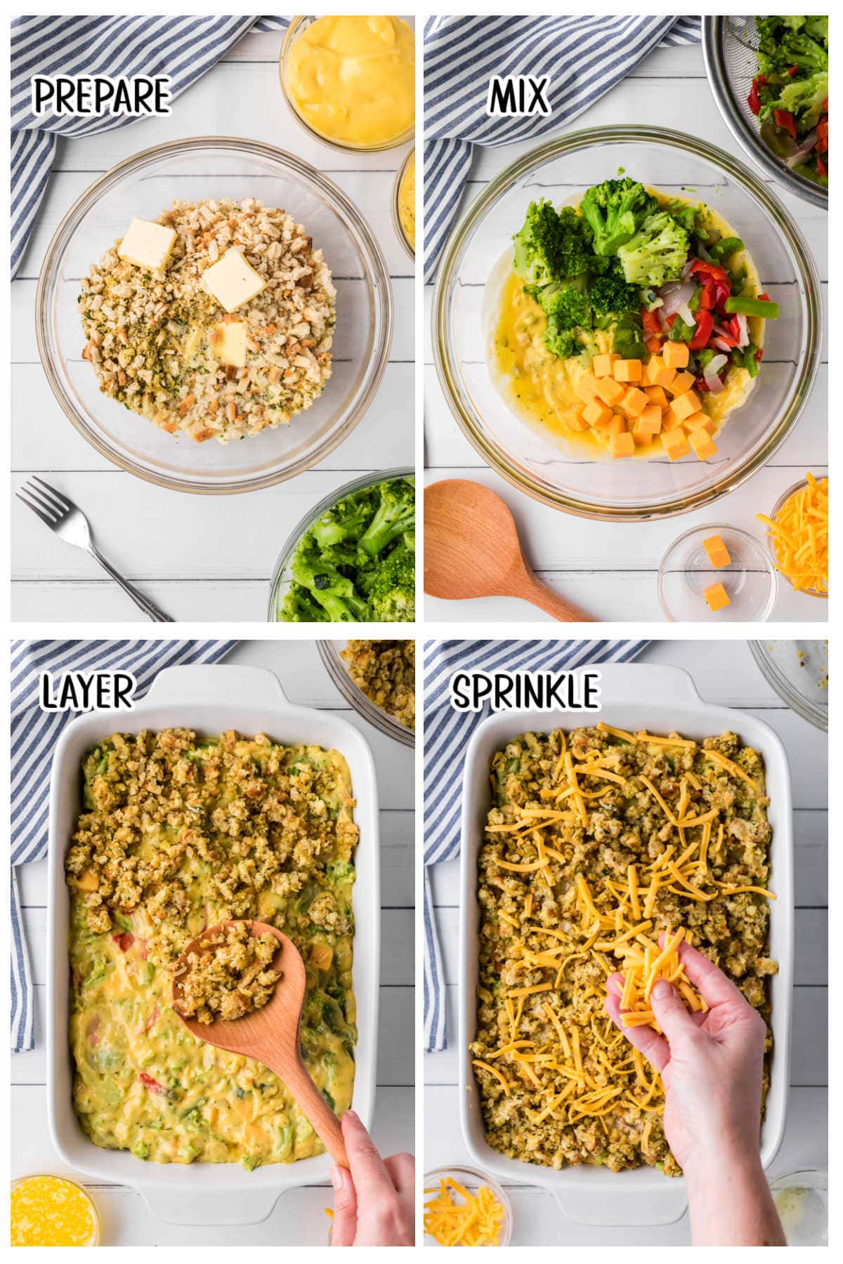 Four images with text overlay showing recipe steps: stuffing mix and butter in a glass bowl, soups and veggies in a glass bowl, broccoli mixture and stuffing layered in a baking dish, and cheese sprinkled on top.