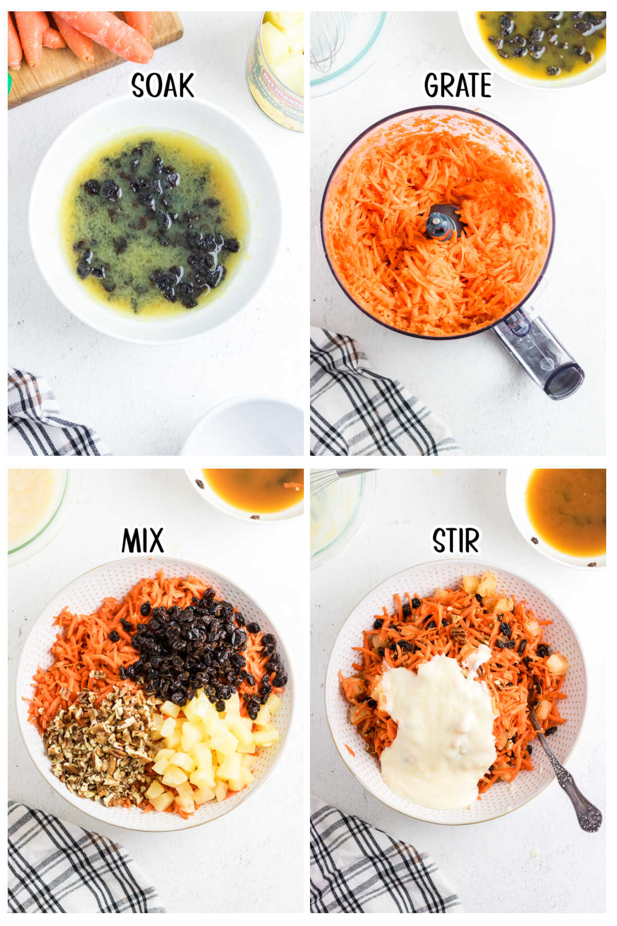 Step. by step images showing how to make carrot raisin salad.