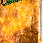 Overhead view of chili dog casserole with text overlay for Pinterest.