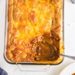 Overhead view of chili dog casserole in a casserole dish.