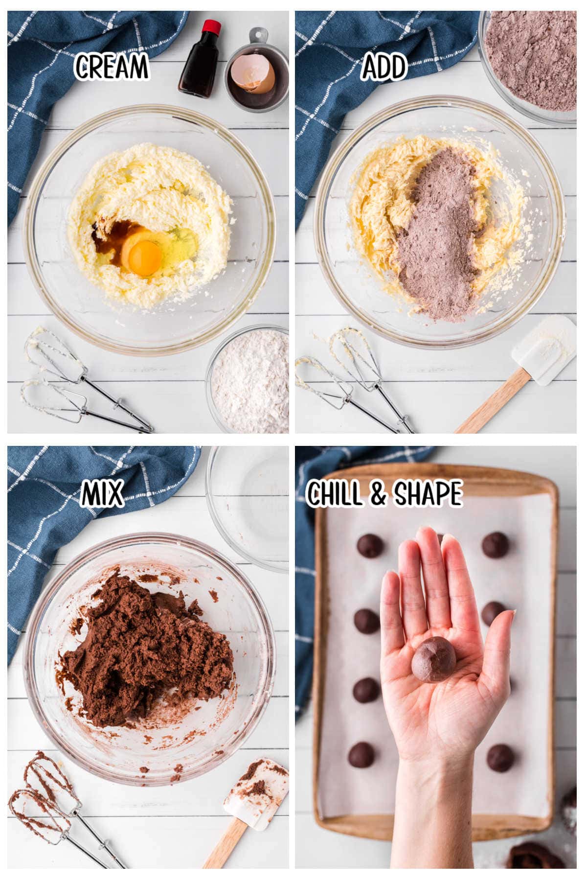 Step-by-step images showing how to make chocolate butter cookies.