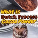 A collage showing an image of cocoa powder and an image of chocolate cake with text overlay for Pinterest.