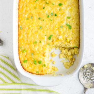 Overhead view of corn pudding in a casserole dish.