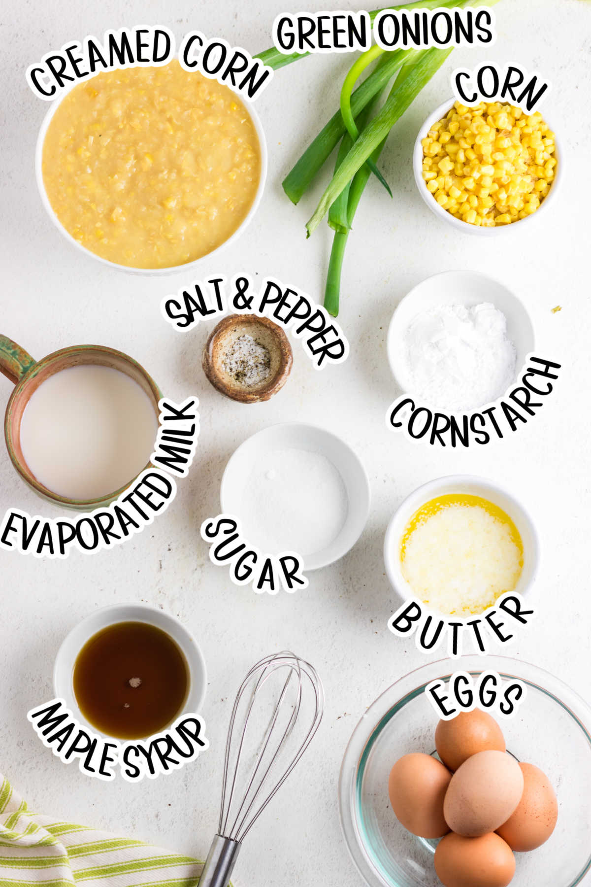 Labeled ingredients for corn pudding.