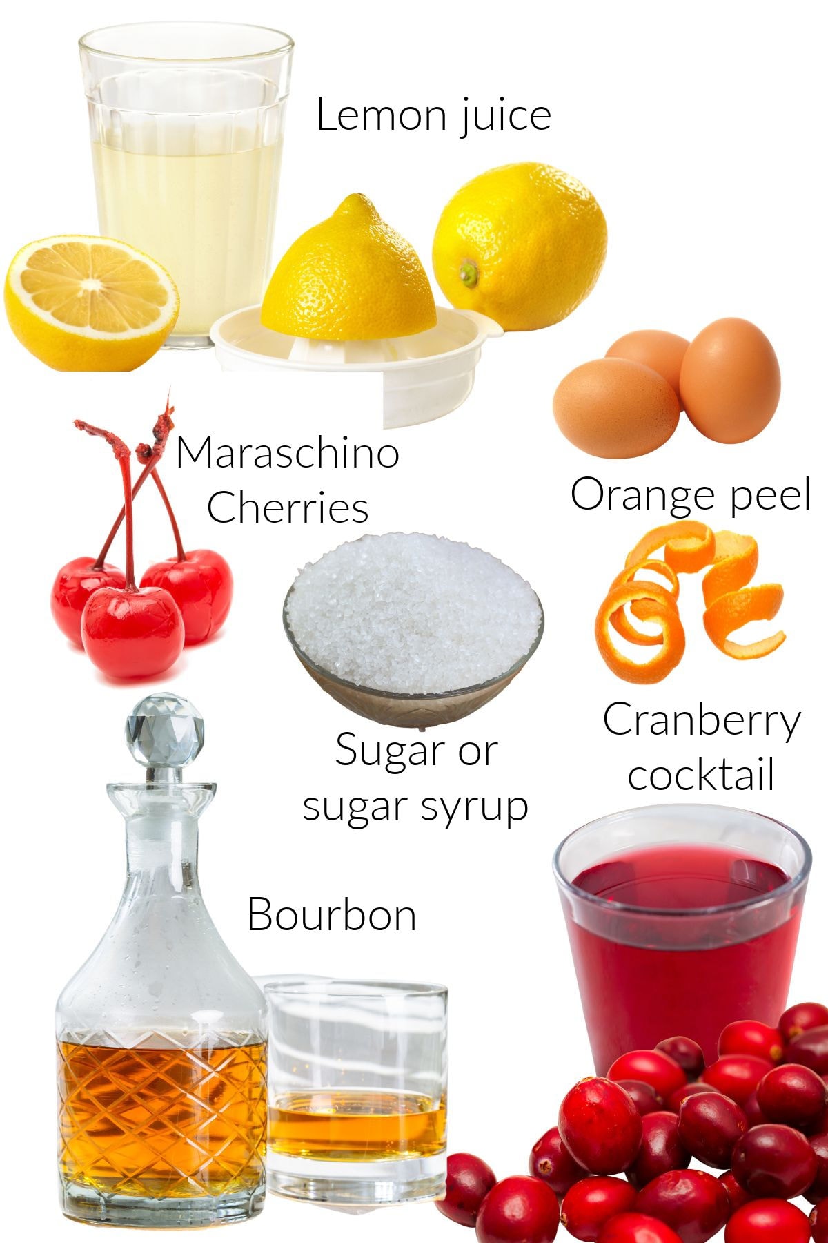 Labeled ingredients for this cocktail on a white background.