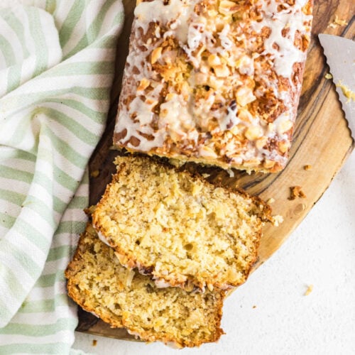 Close up of slices of Hawaiian Banana Bread that's been glazed.