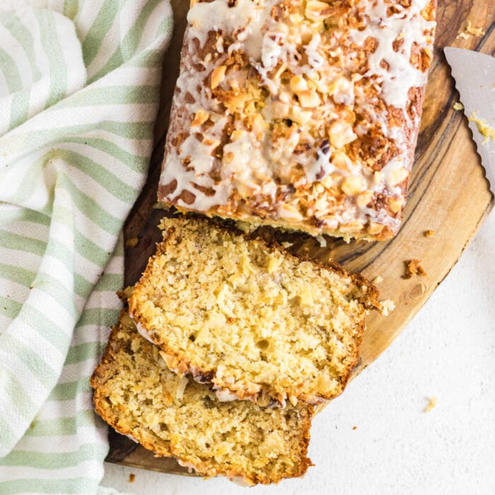 Close up of slices of Hawaiian Banana Bread that's been glazed.