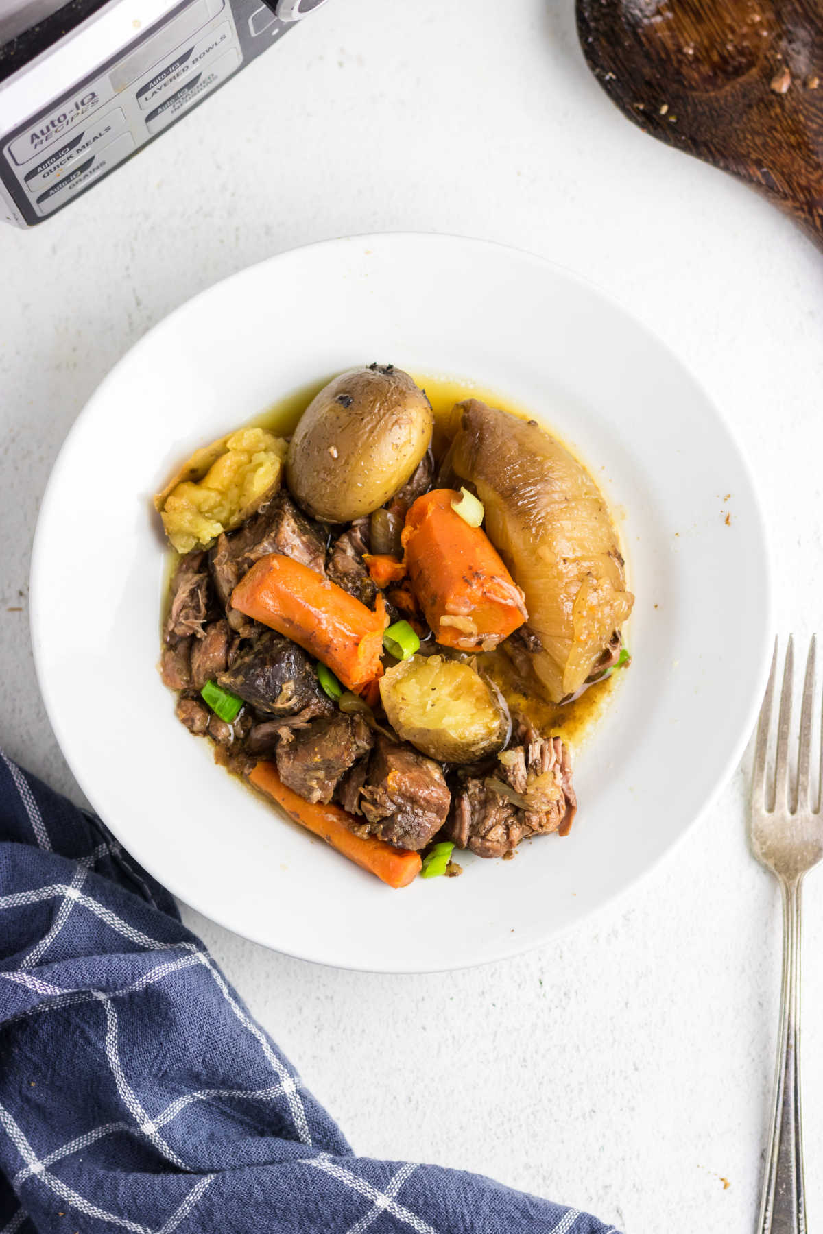Beef stew on a plate, featuring beef tips, a few cut potatoes, carrots, and some green onions.