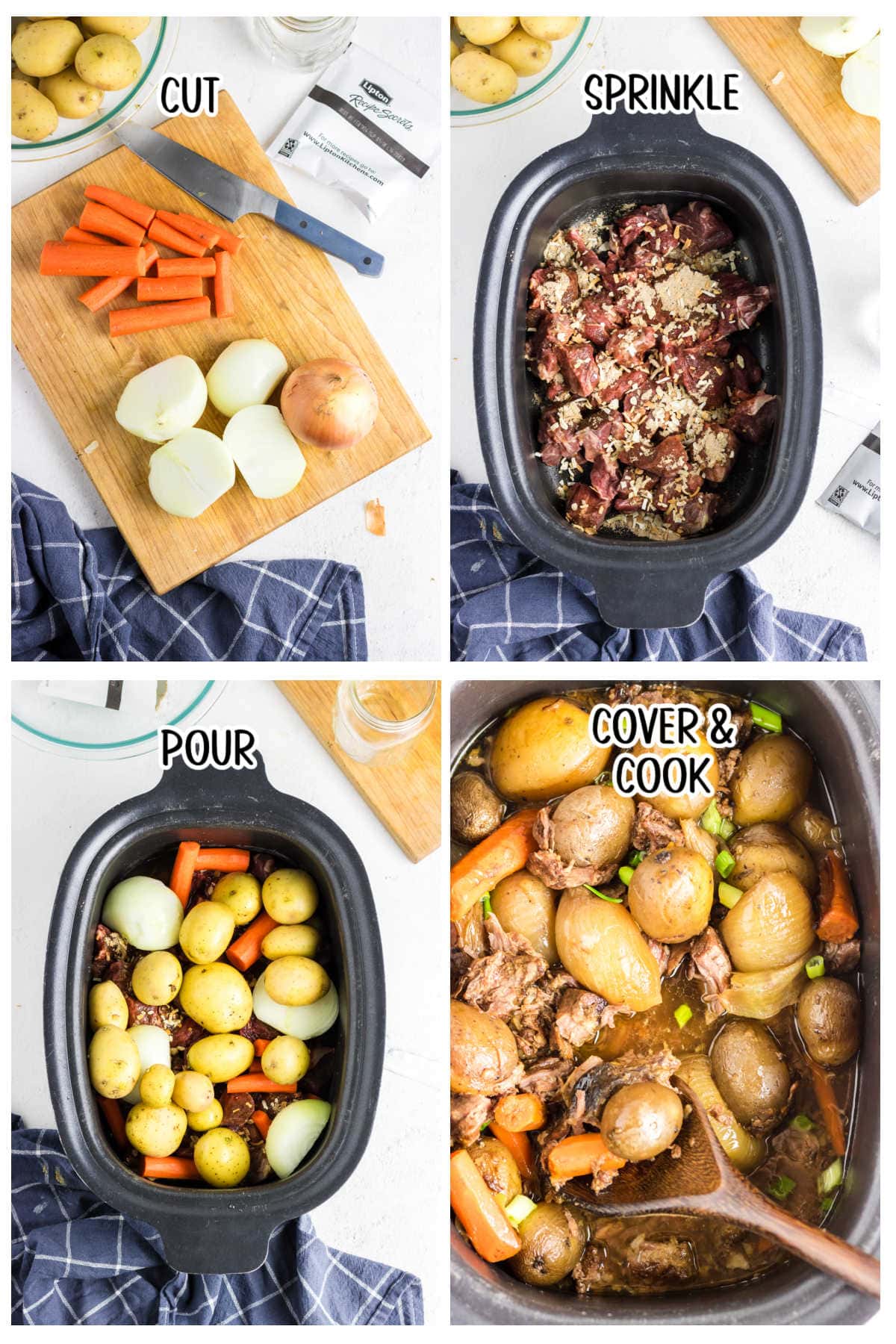 Four overhead images of the main recipe steps with text overlay: cut, sprinkle, pour, and cook and cover.