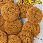 A pile of finished molasses cookies with a text overlay for Pinterest.