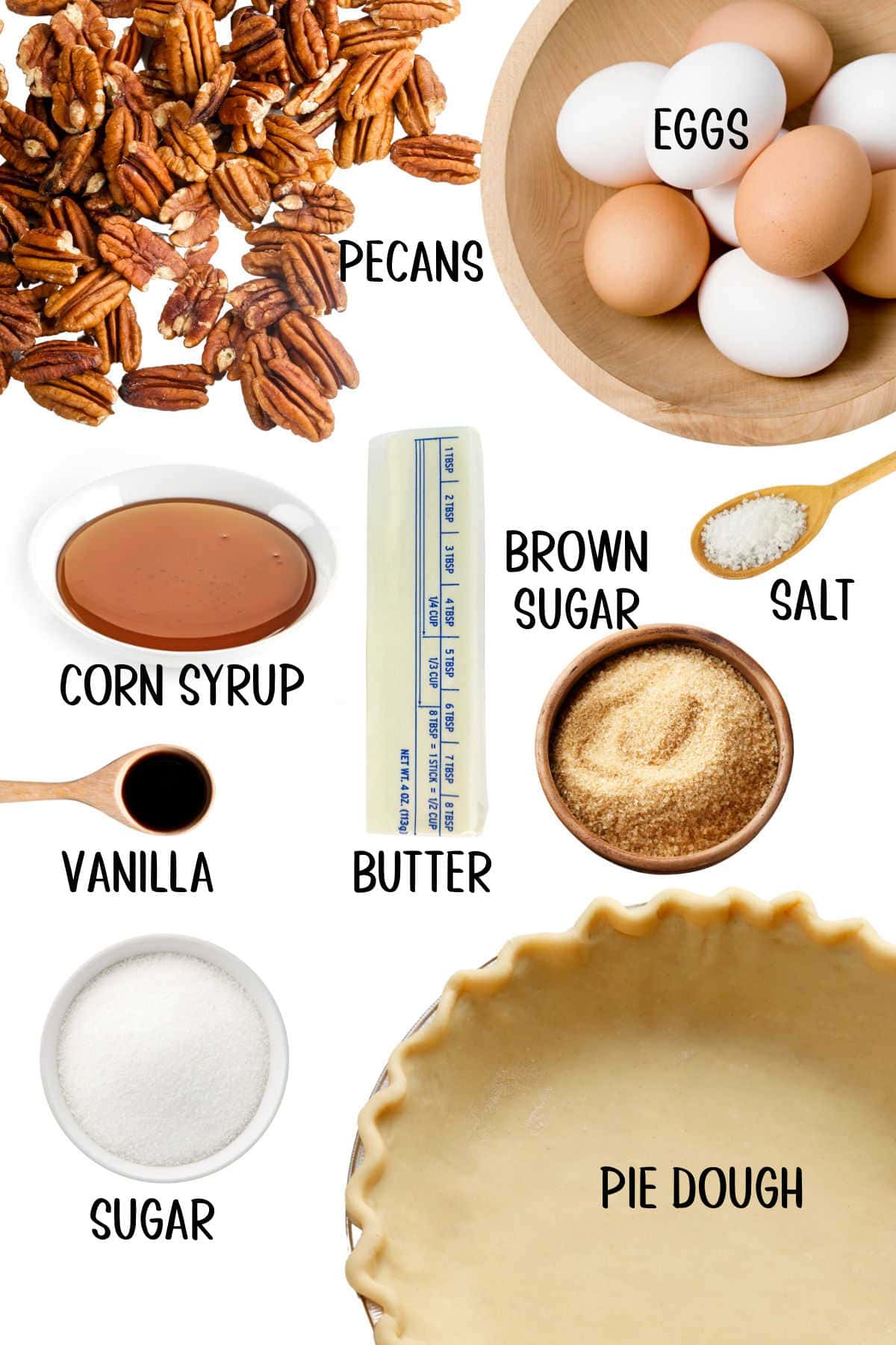 Labeled ingredients for pecan pie on a white table.