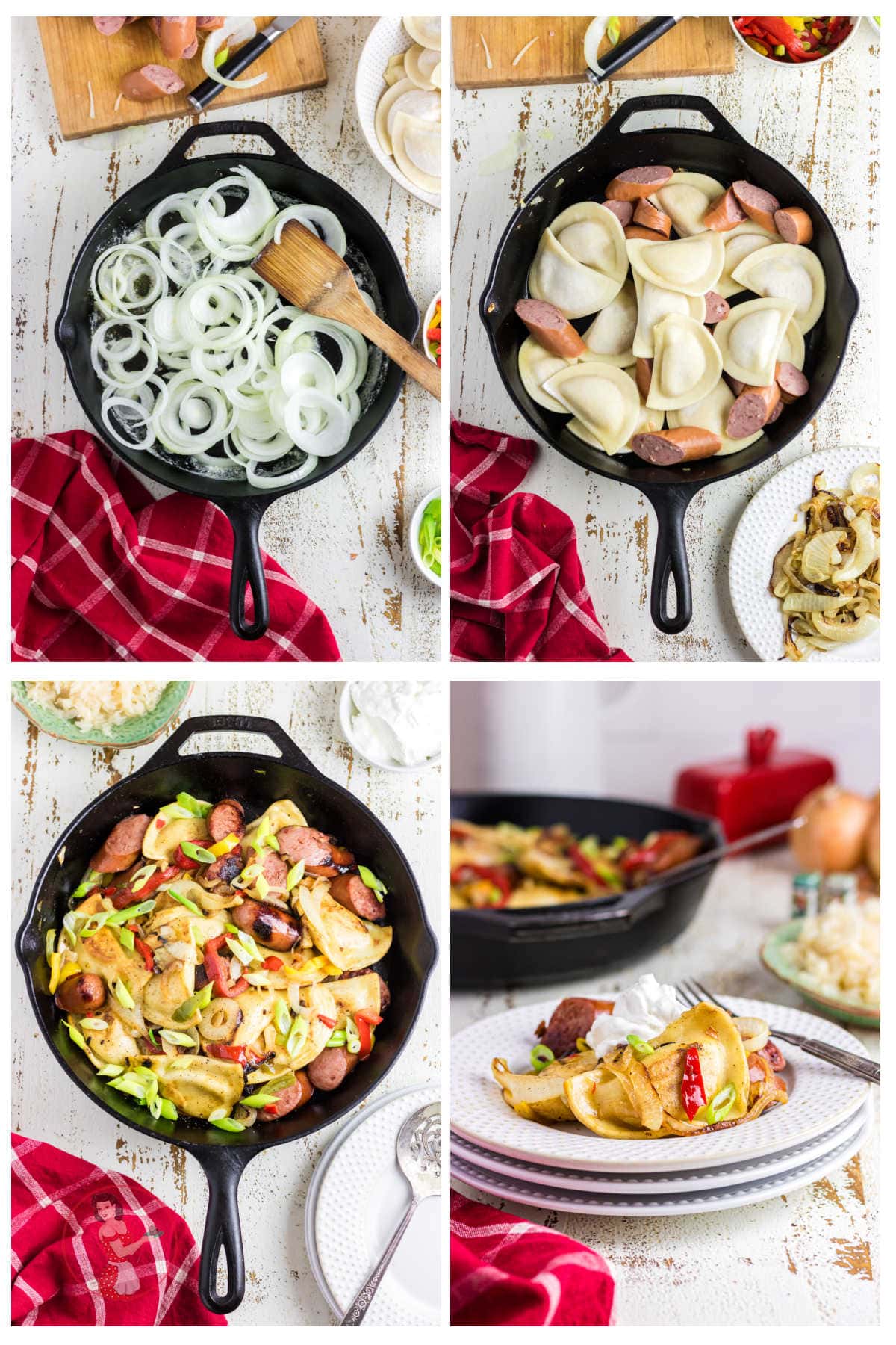 Step by step images showing how to make this pierogi kielbasa skillet dinner.