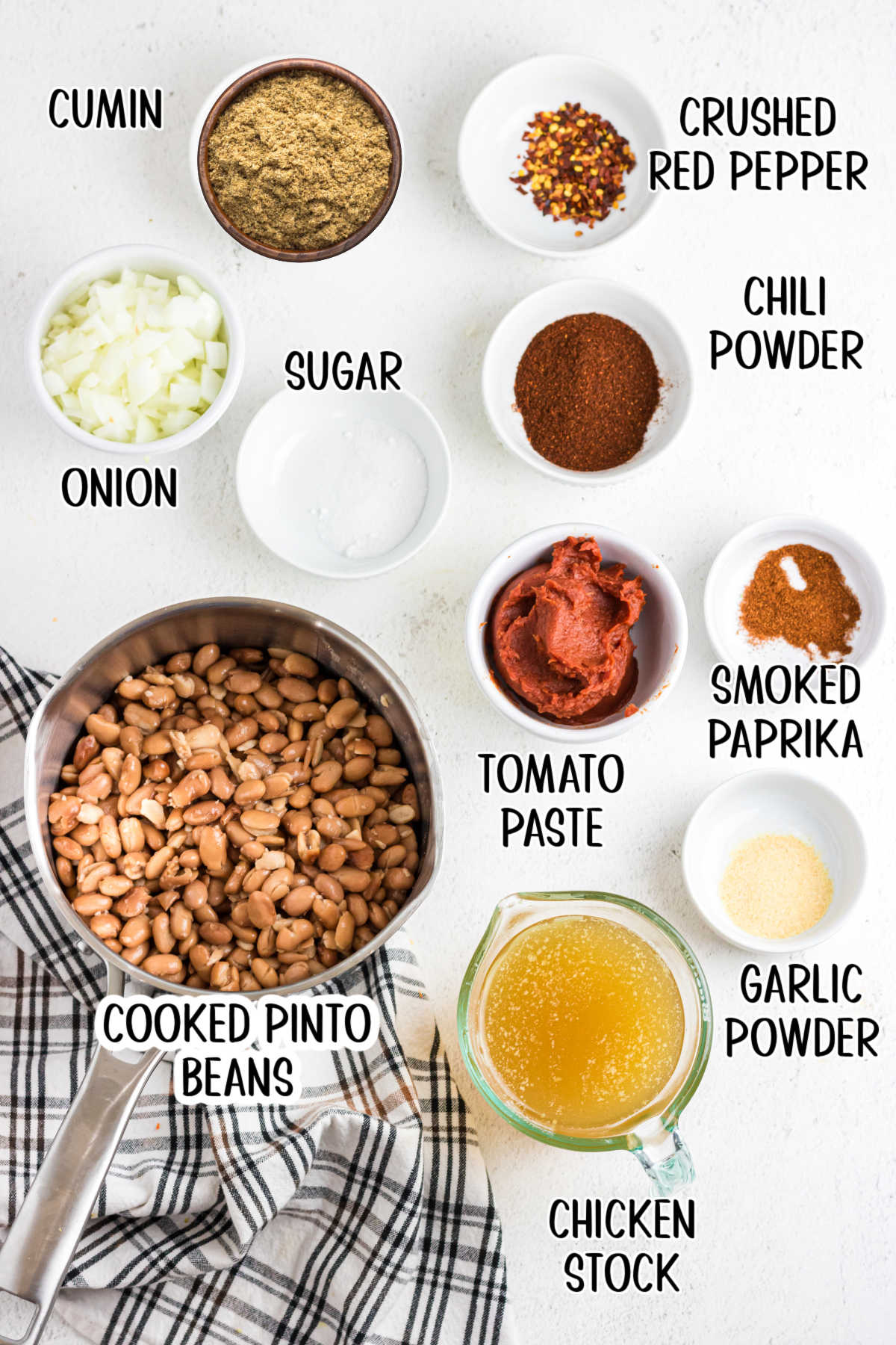 Labeled ingredients for Ranch style beans.