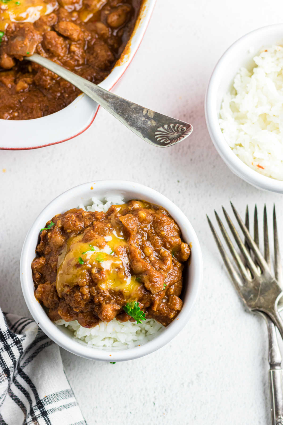 A serving of Ranch style beans over rice.