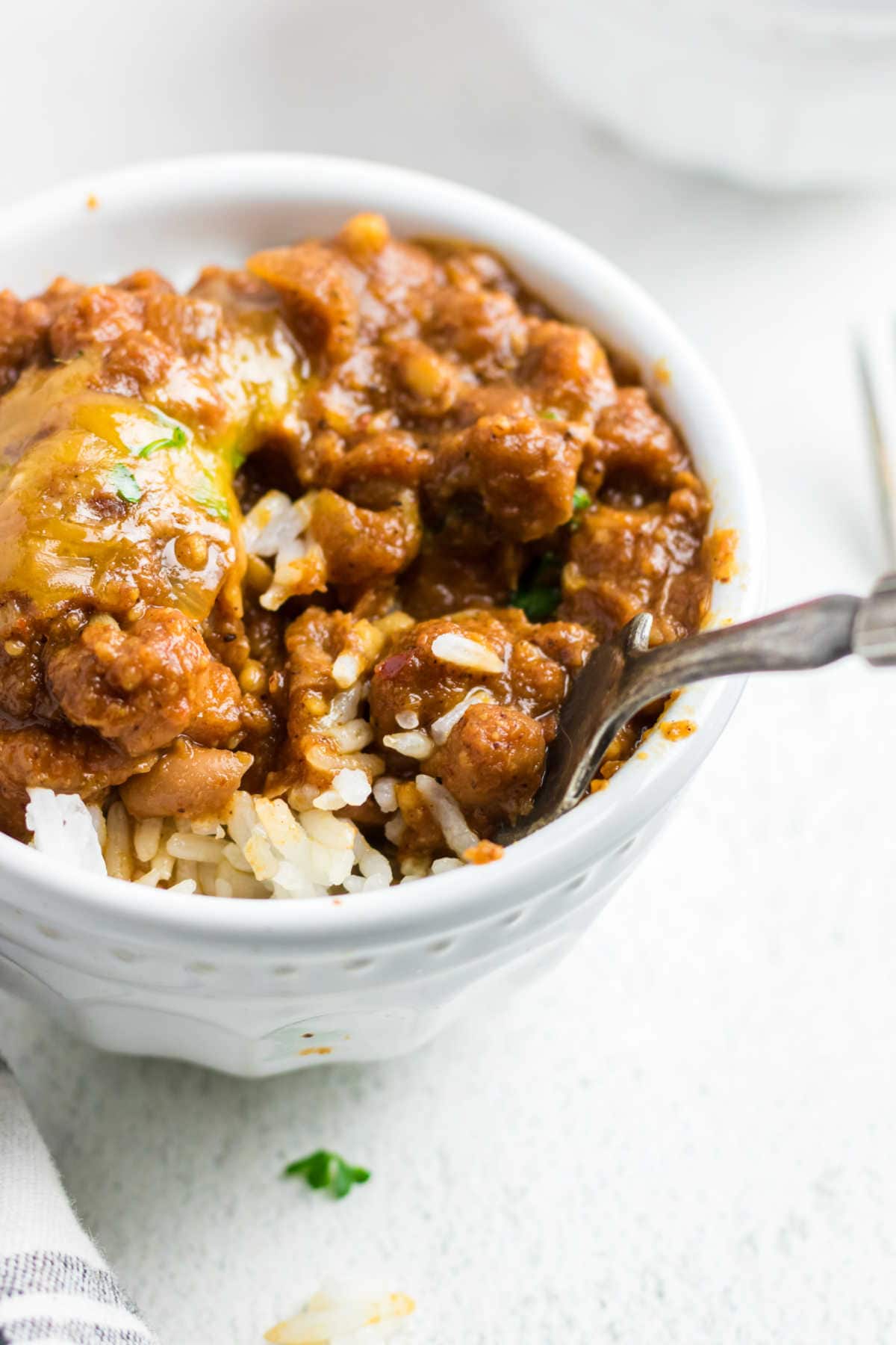 Closeup of Ranch style beans in a dish.