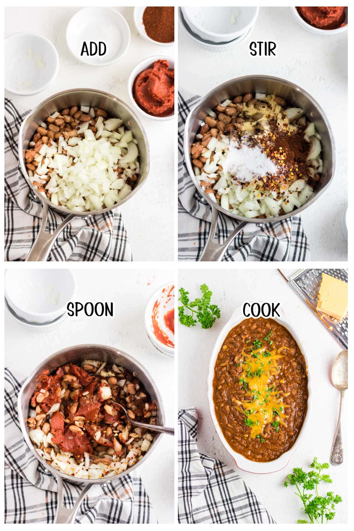 Step by step images showing how to make ranch style beans.