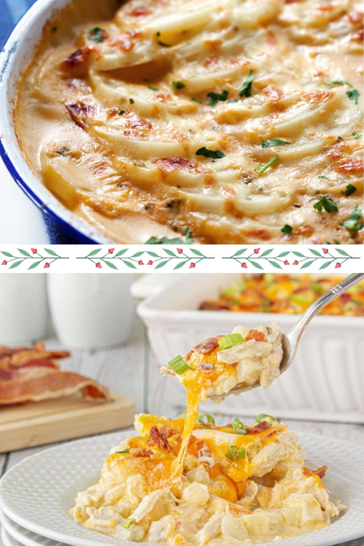 A collage with scalloped potatoes on the top and au gratin potatoes on the bottom.