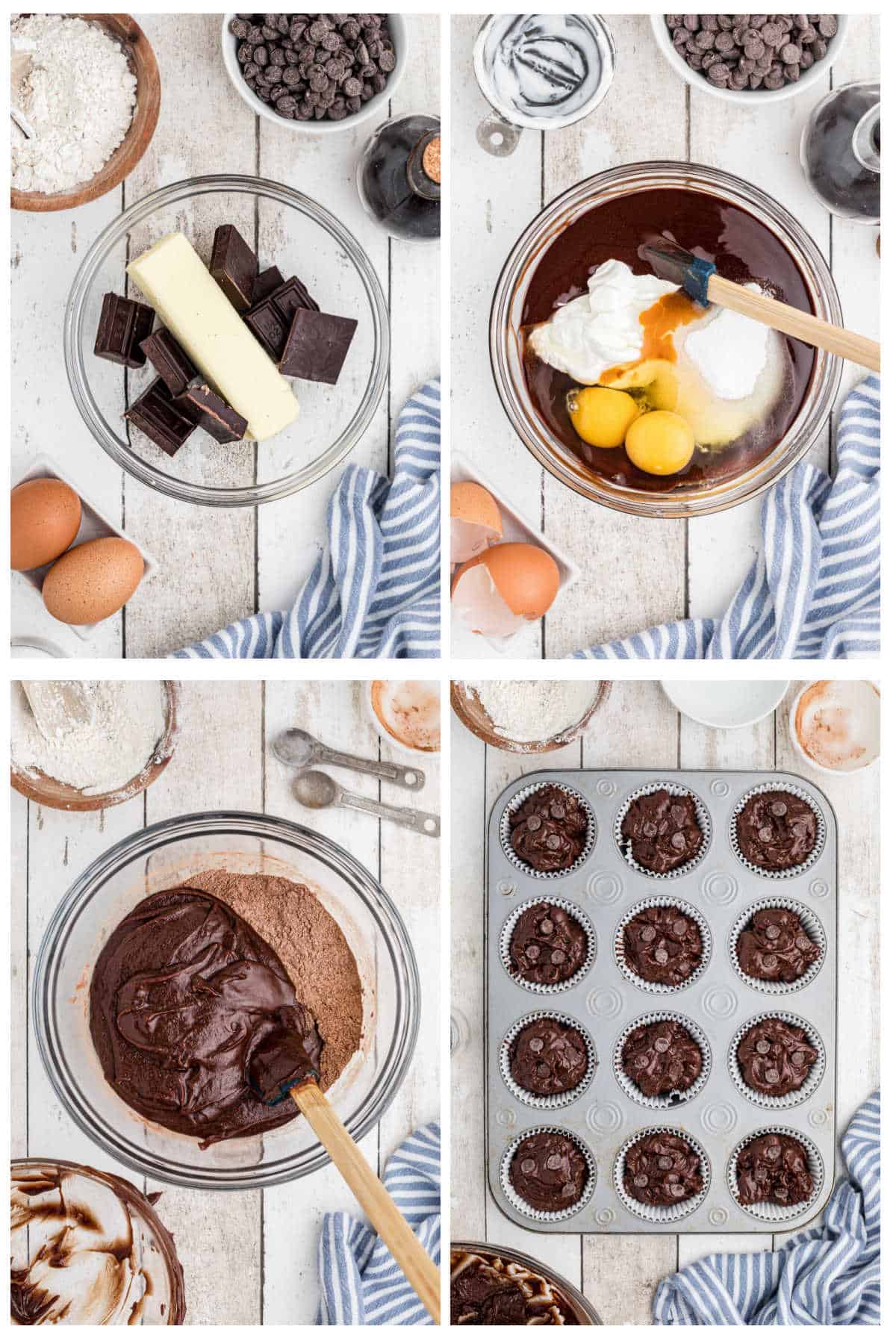 Step by step images showing how to make these triple chocolate muffins.