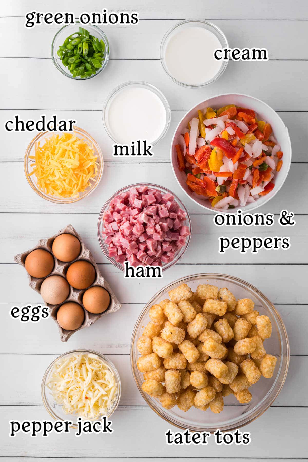 An overhead image of the raw ingredients in various-sized bowls with text overlay.