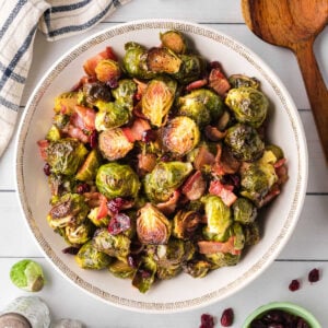 Overhead view of brussels sprouts in a serving dish.