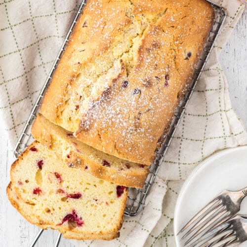 Overhead view of sliced cranberry pound cake.