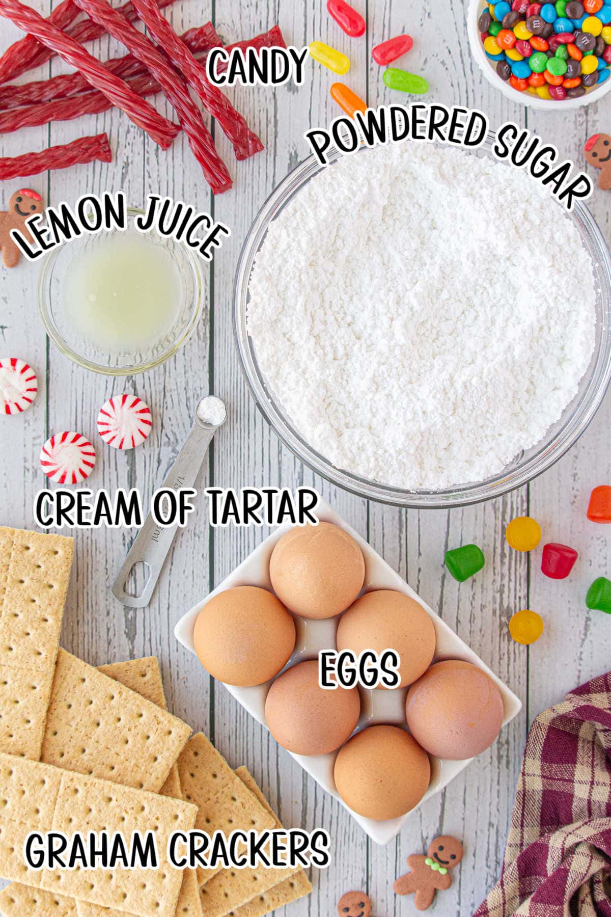 Ingredients needed for the royal icing and the gingerbread houses.