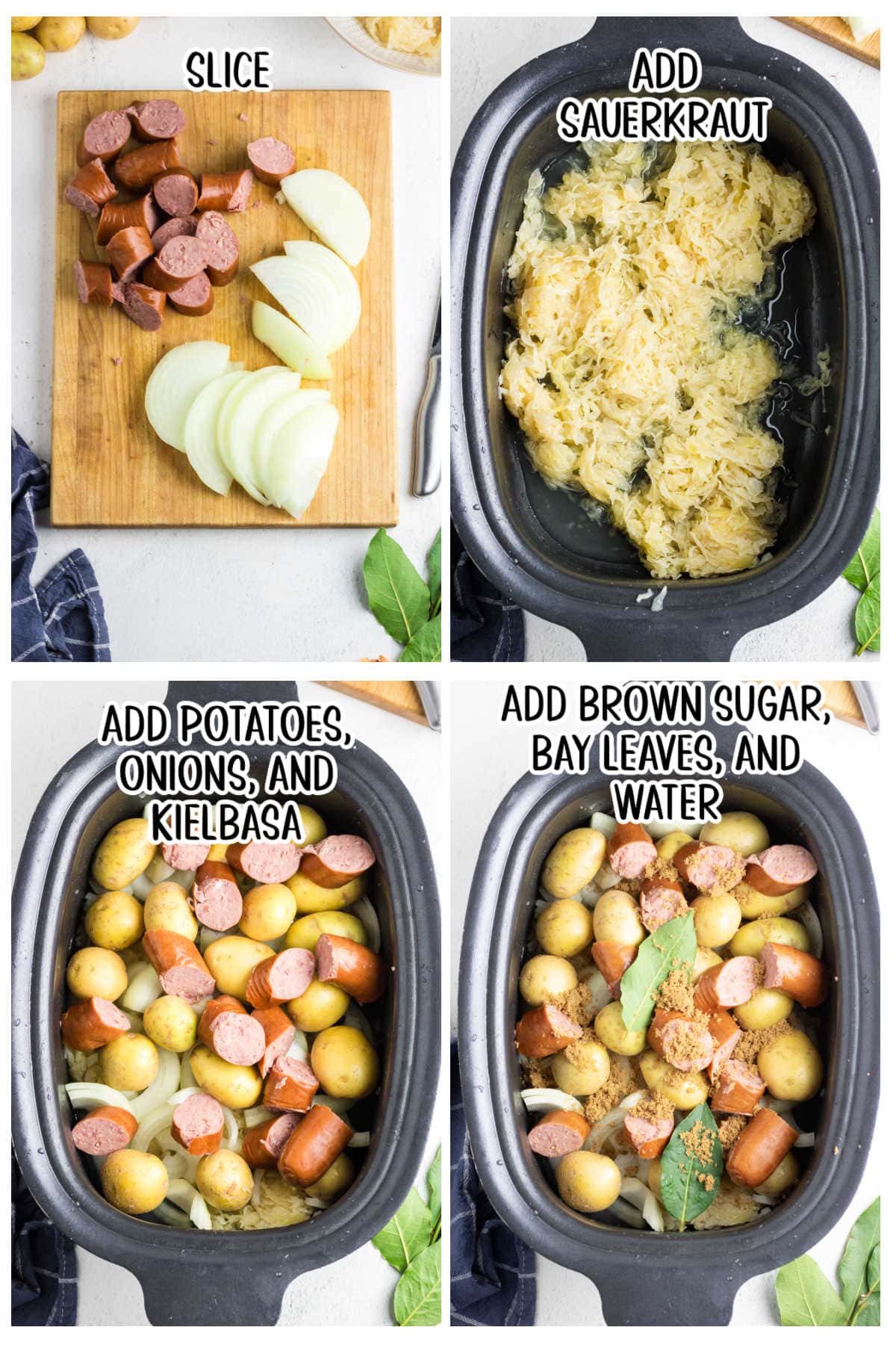 Four overhead images in a grid with text overlay showing each main step to make crockpot kielbasa.