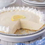 No bake lemon ice box pie in a pie pan.