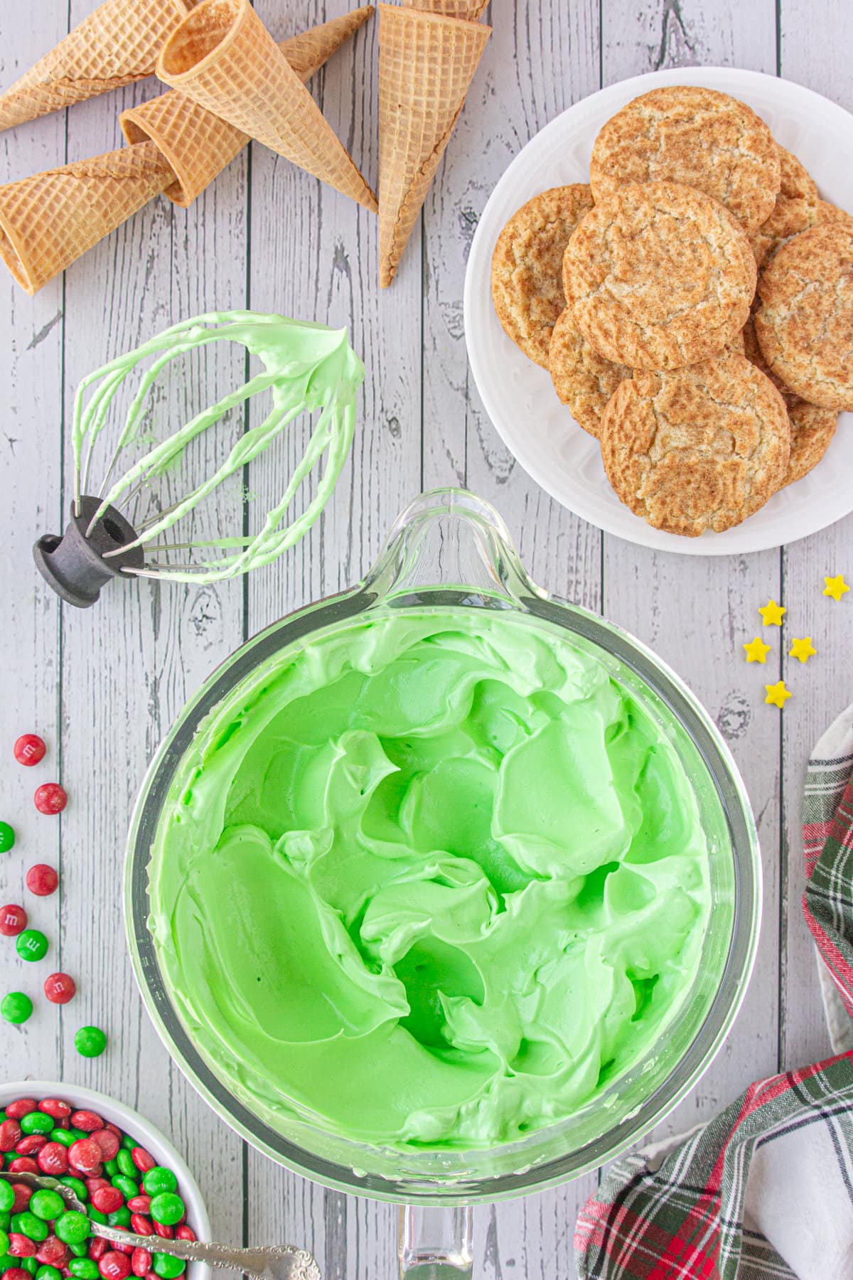 Green tinted icing for the sugar cone Christmas trees.