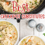 Chicken and dumplings being ladled out of a slow cooker with title text overlay for Pinterest.