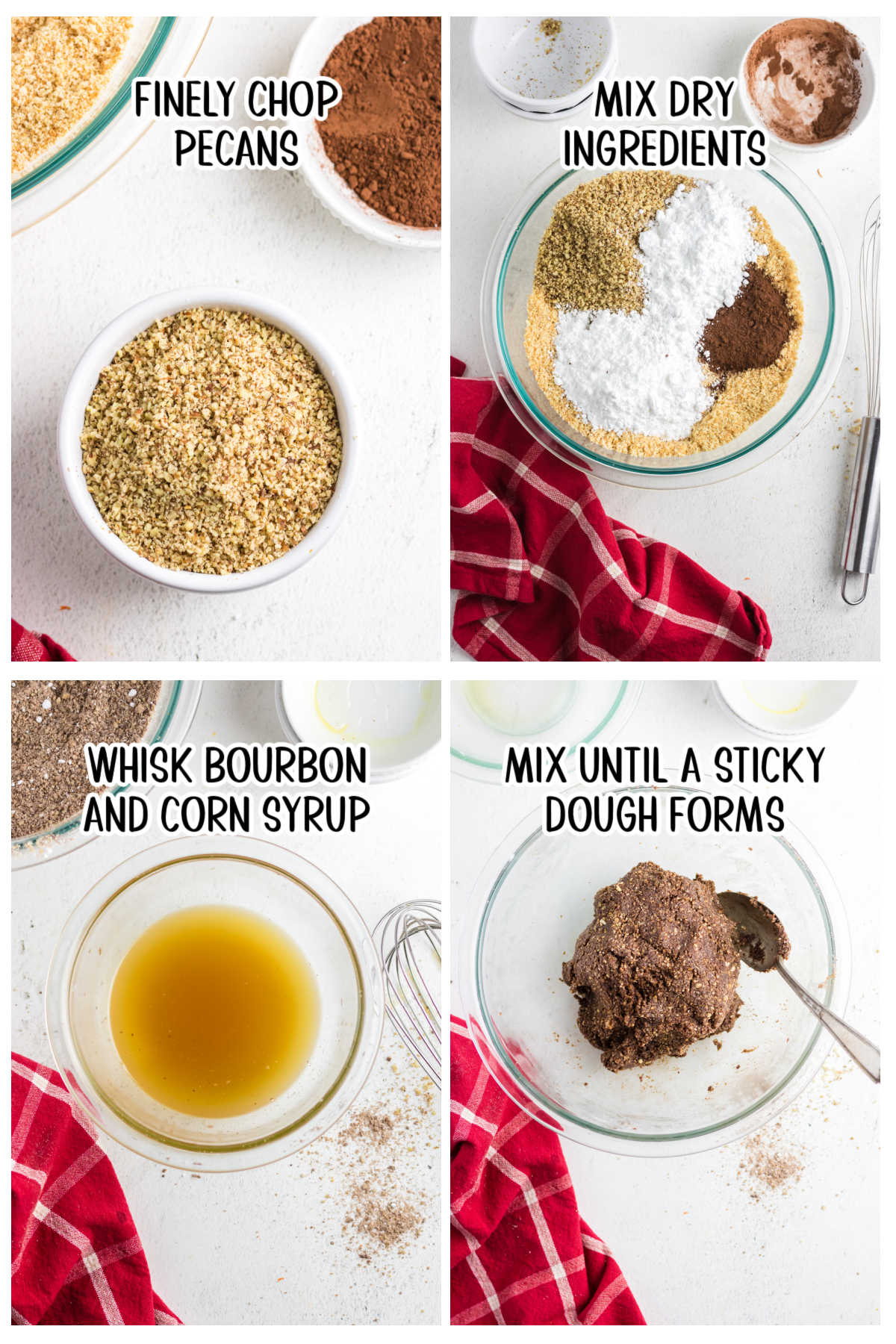 Step by step images showing how to make bourbon balls.