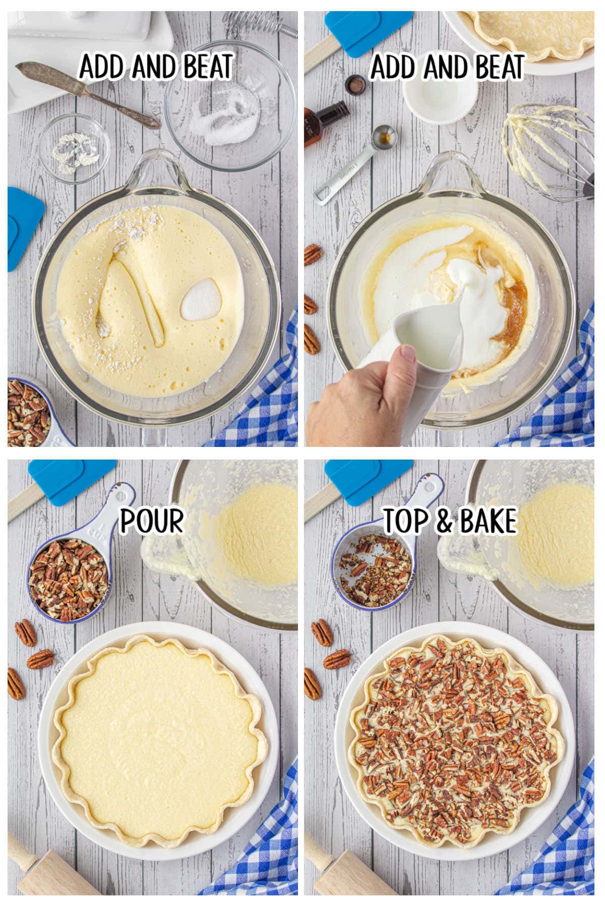 Four overhead photos in a grid with text overlay, highlighting the main steps to make buttermilk pie, including: wet ingredients in a bowl, pie filling in a pie shell, and an unbaked pie topped with pecans.