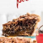 A slice of pecan pie being served. Title text overlay for Pinterest.