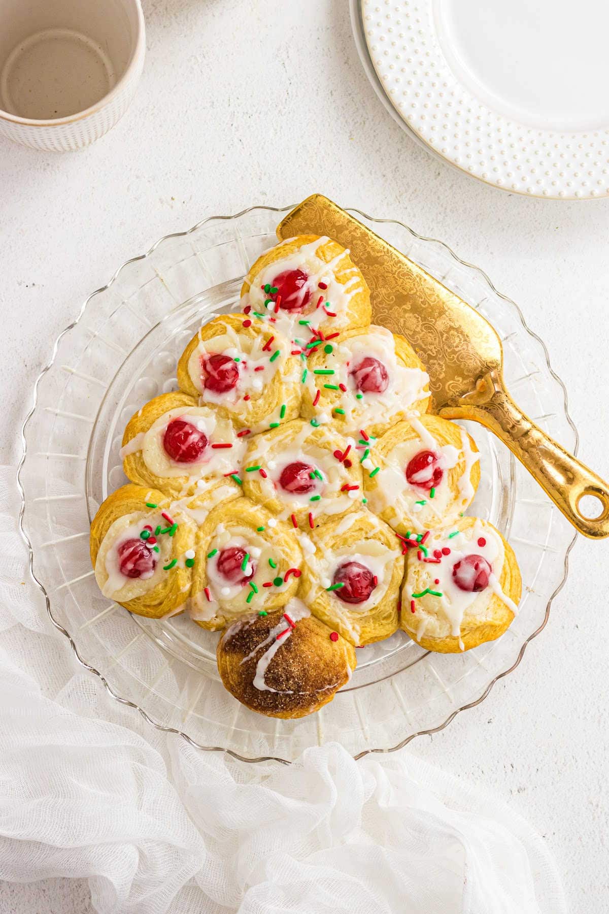 Overhead view of a christmas tree made with easy cream cheese danish.