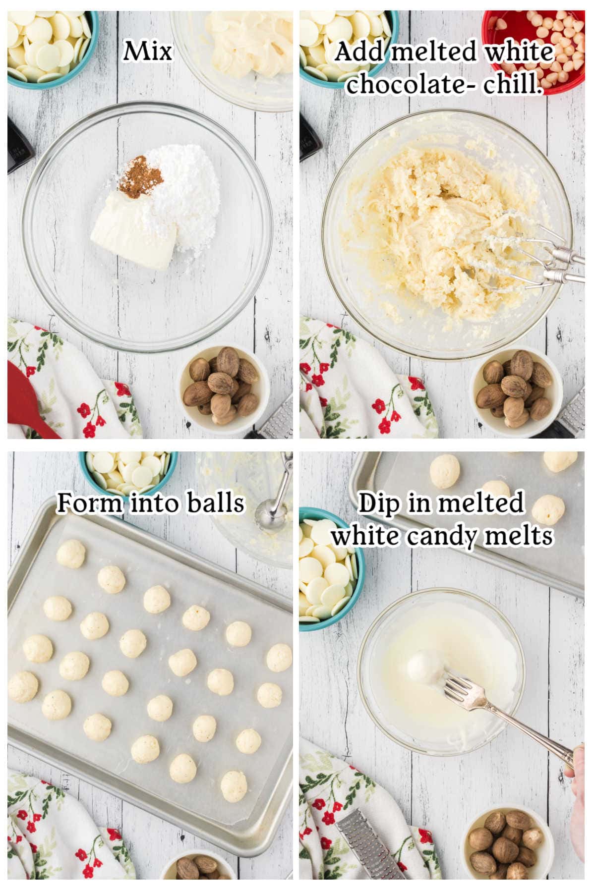 Four overhead images showing steps and ingredients to make eggnog truffles.
