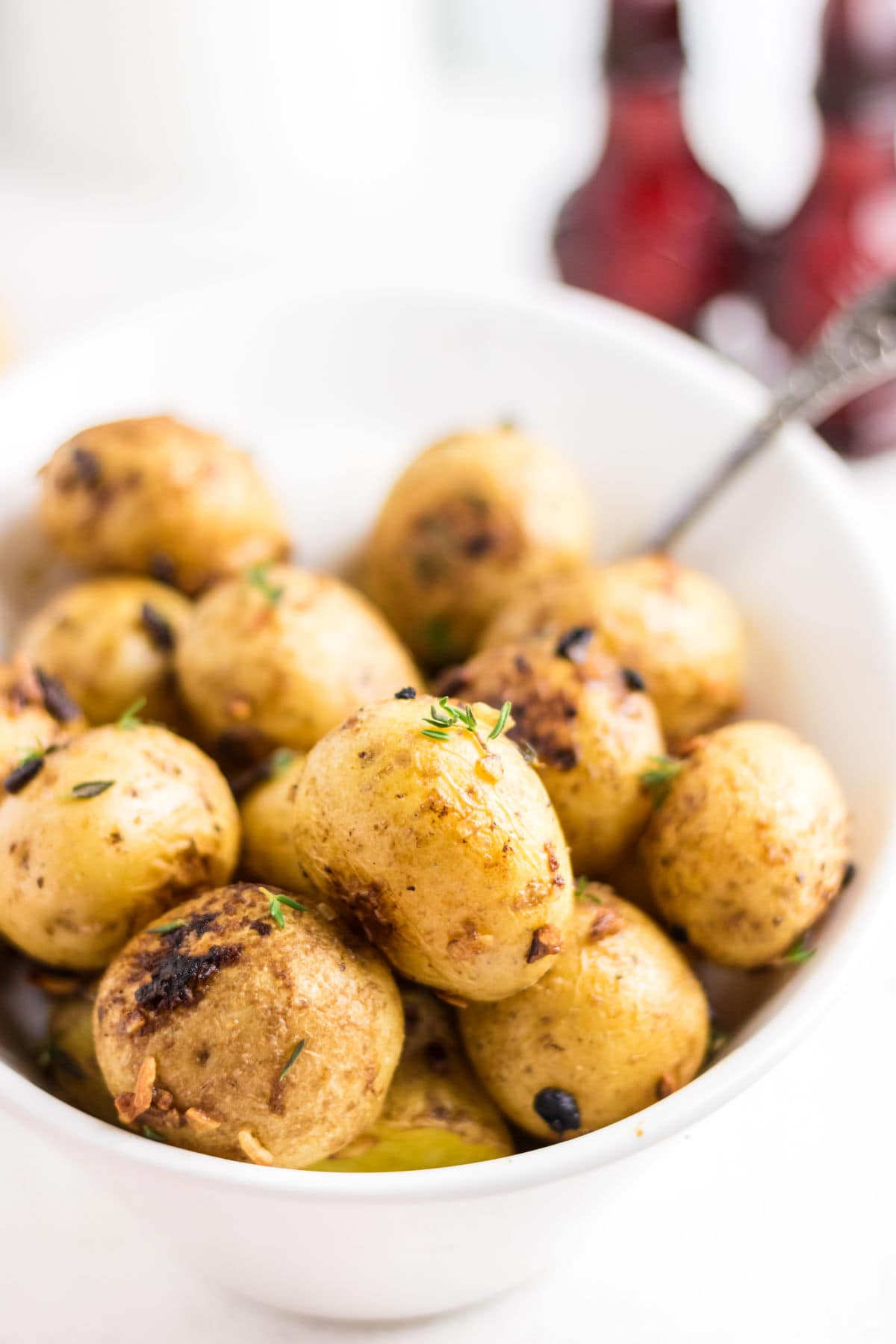 Closeup of Lipton Onion Soup Potatoes in a white bowl.