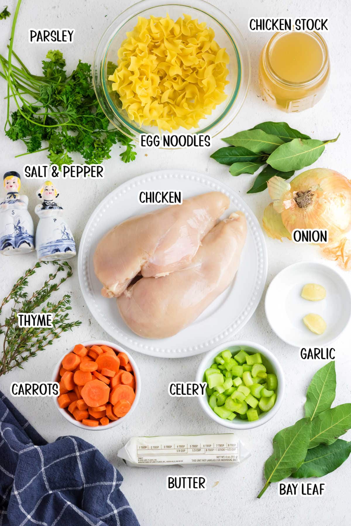 Labeled ingredients for the chicken noodle soup recipe.