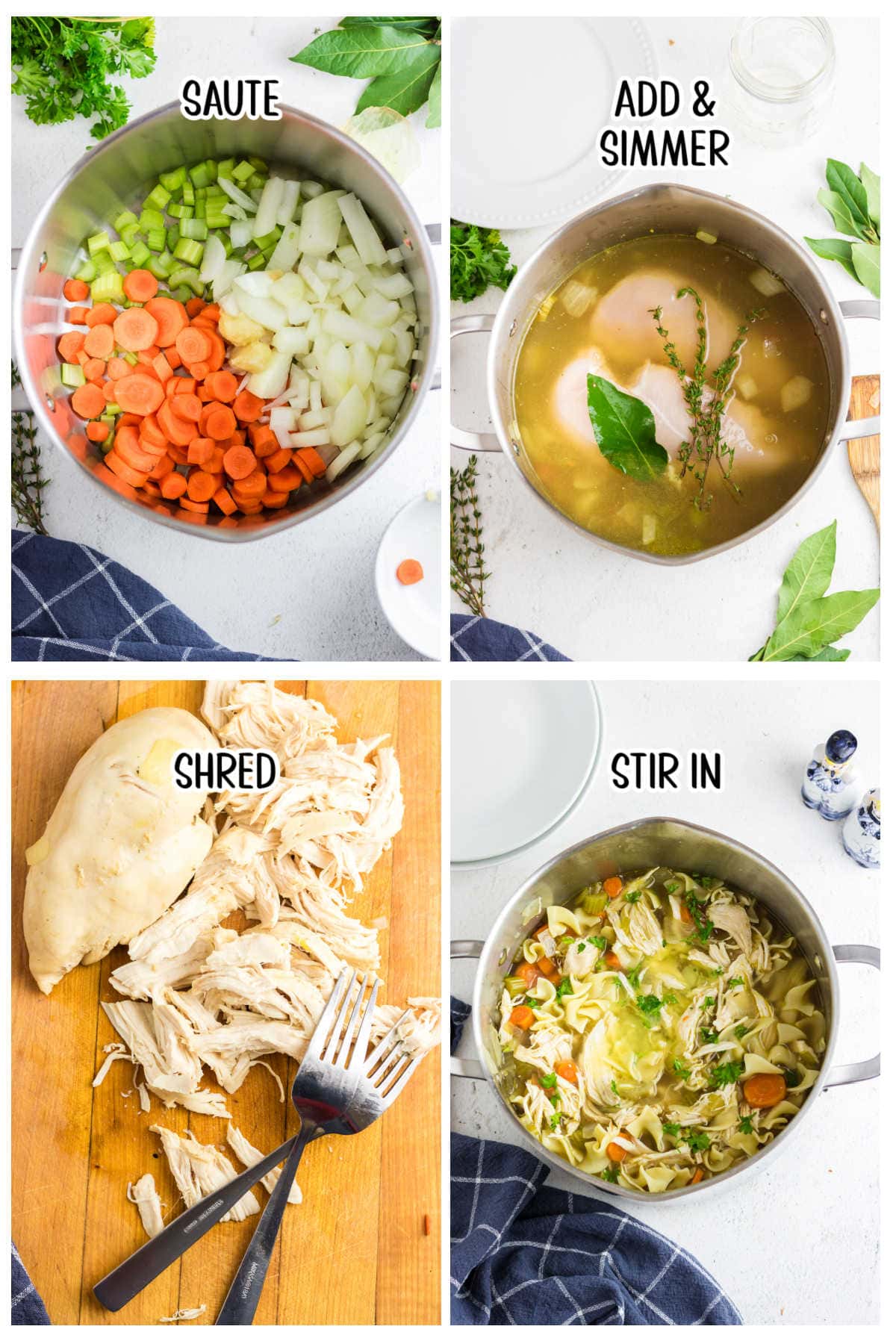 Step by step images showing how to make panera chicken noodle soup.