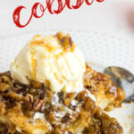 Closeup of a gooey pecan dessert with ice cream melting on top. Title text overlay for Pinterest.