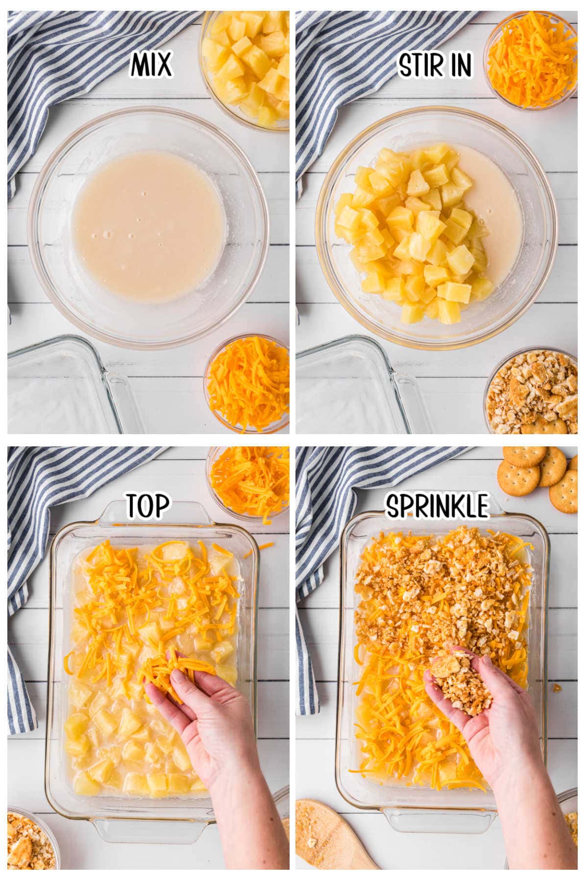Step by step images for pineapple casserole.