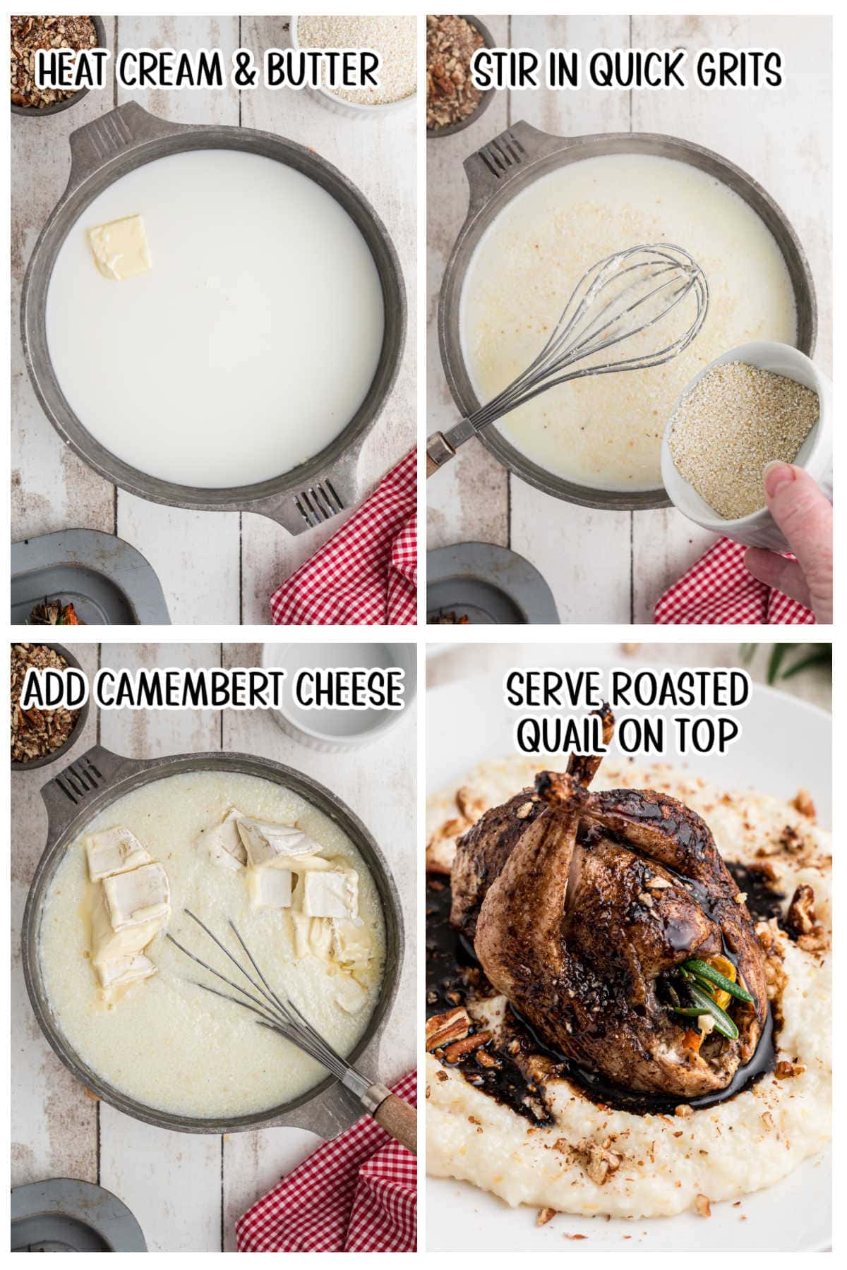 Step by step images showing how to make cheese grits.