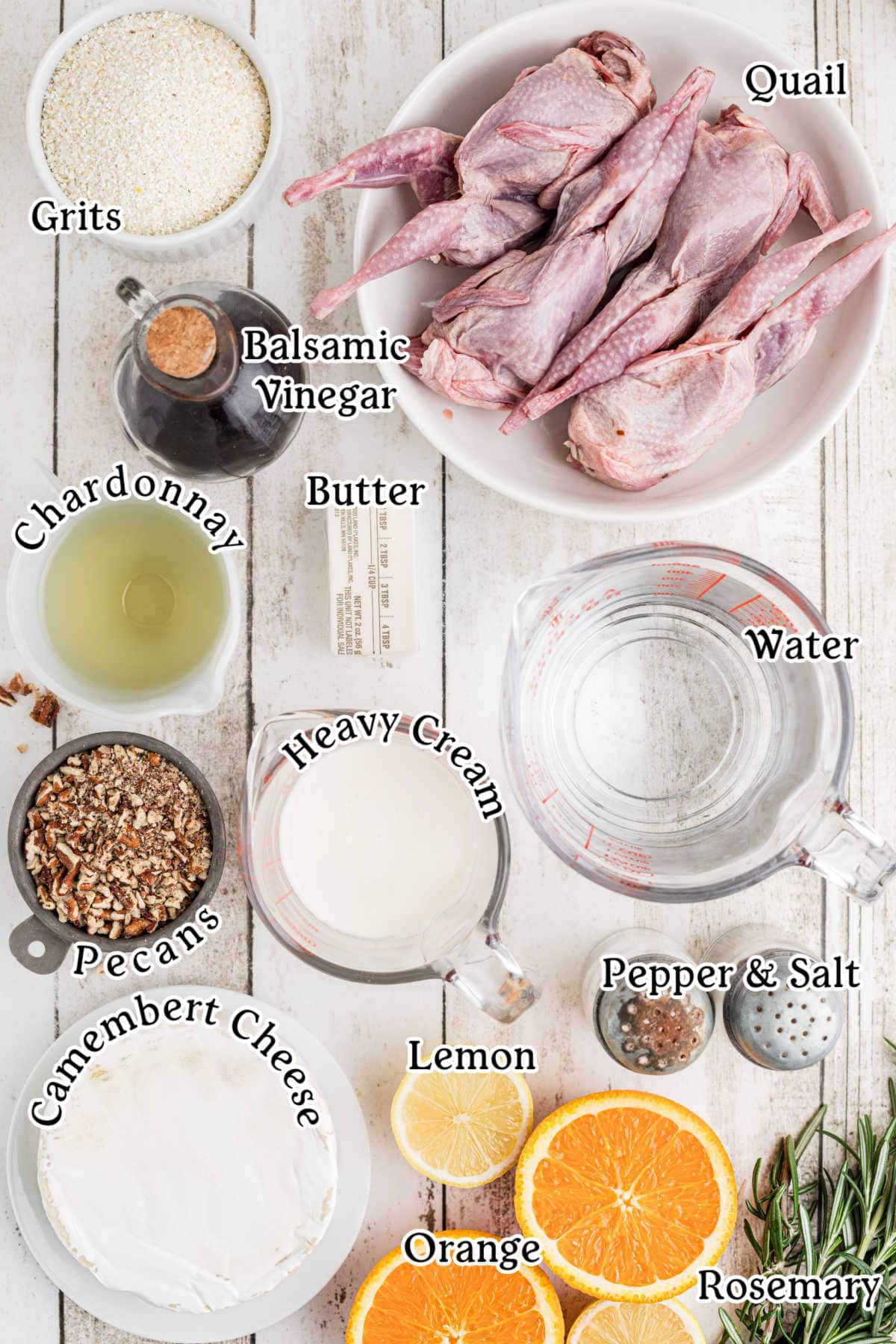 Labeled ingredients for roasted quail with cheese grits.