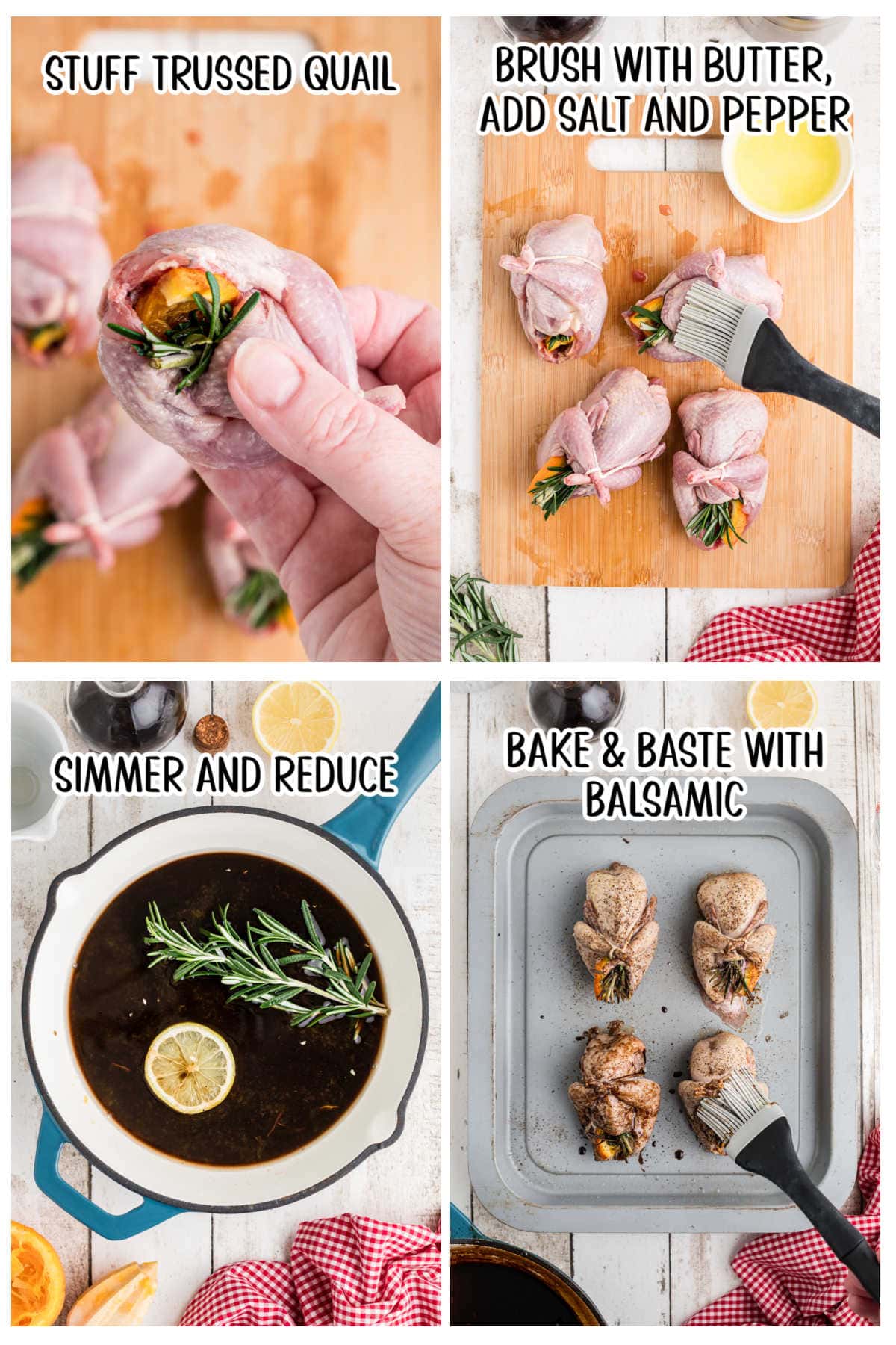 Step by step images showing how to make roasted quail.
