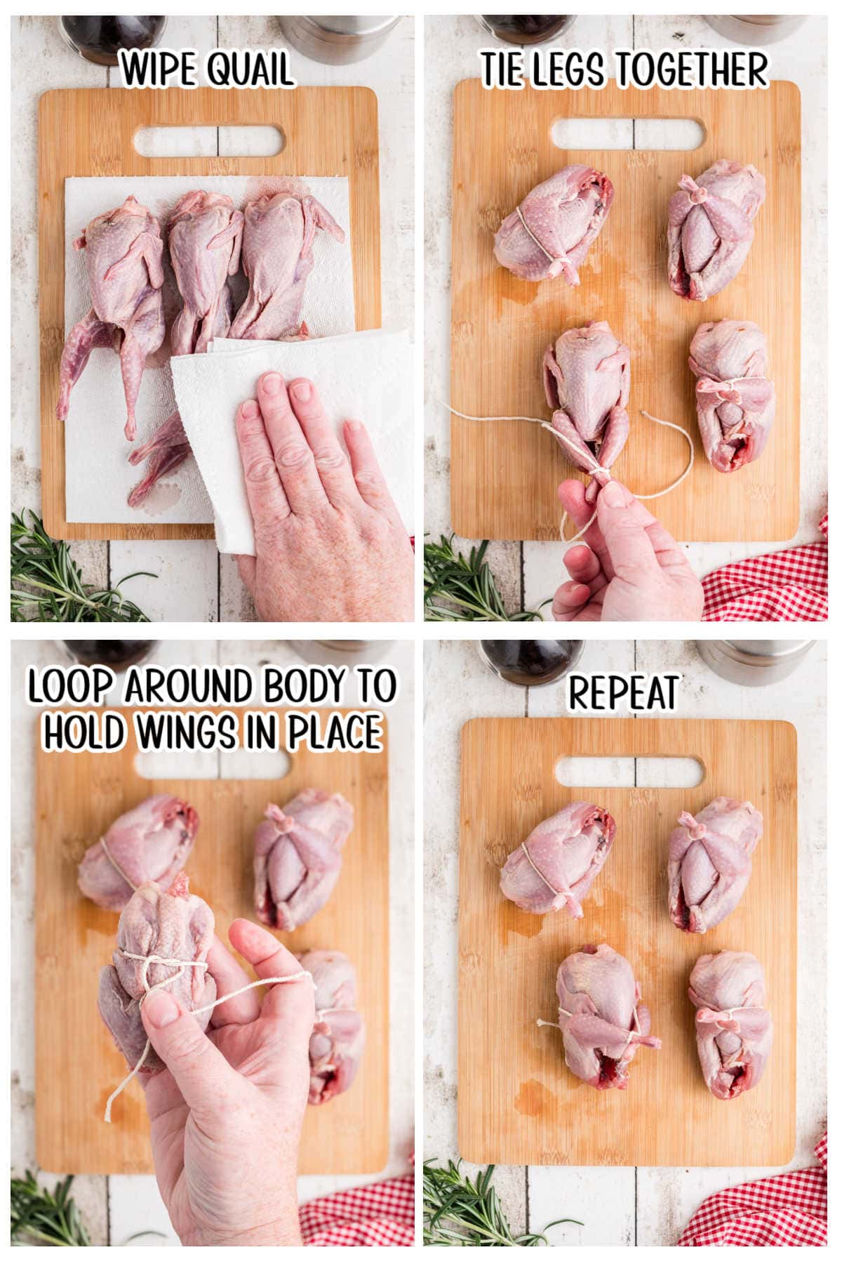 Step by step images showing how to truss a quail.