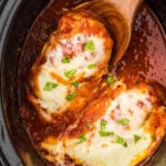 Chicken Parmesan in the slow cooker with a title text overlay for Pinterest.