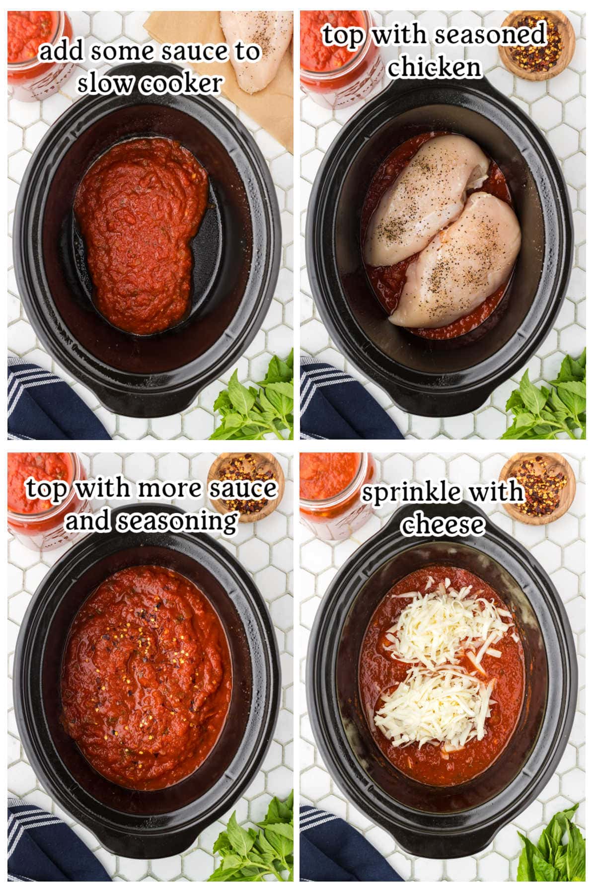 Step by step images showing how to make the chicken parmesan in the slow cooker.